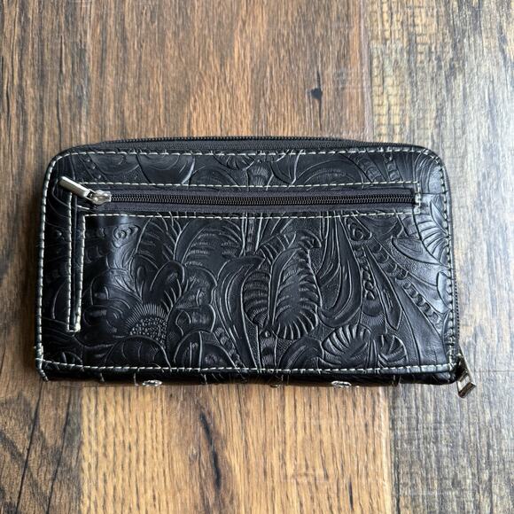 Western Tooled Black Wallet with Embroidered Floral & Stud Detail Zip Around - Picture 2 of 5
